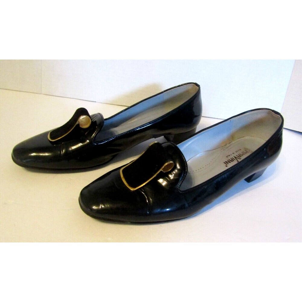 Emma Viani Loafers Italian Made Black Patent Leather Heels Shoes Eur 39 US 8
